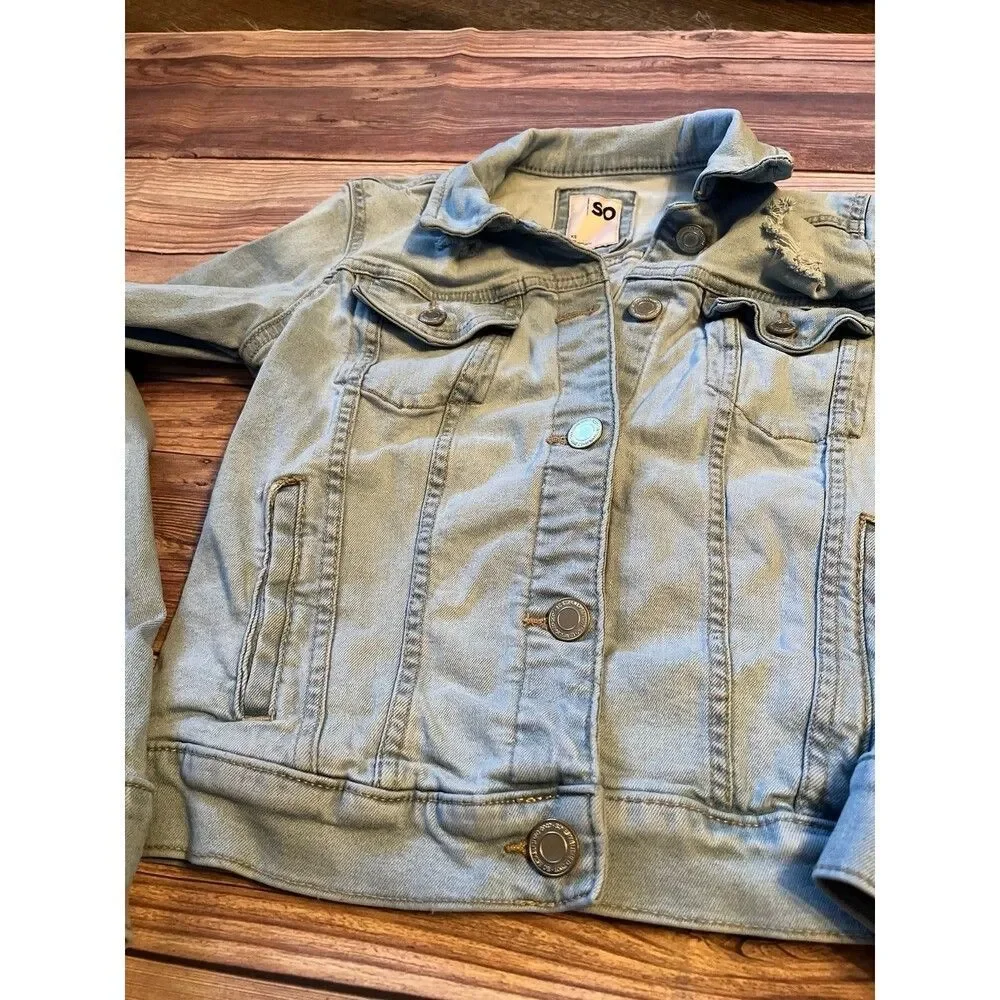 SO Girls Size 10 Light Wash Denim Jean Jacket Button Front Classic Distressed